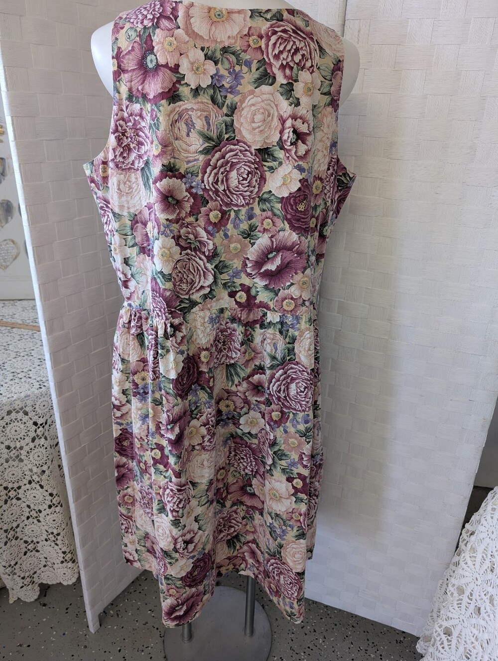 VINTAGE Cottagecore Floral Sleeveless Cotton Dress in Mauve Pink 1980 XL - Picture 2 of 7